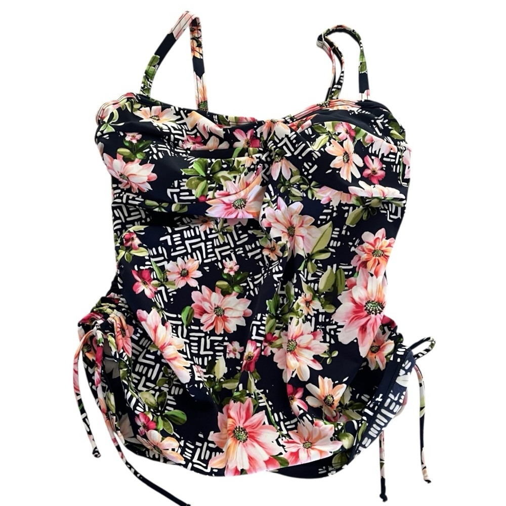 Lands End Tankini Swim Top Size 12 Navy Blue Pink Floral with underwire bra